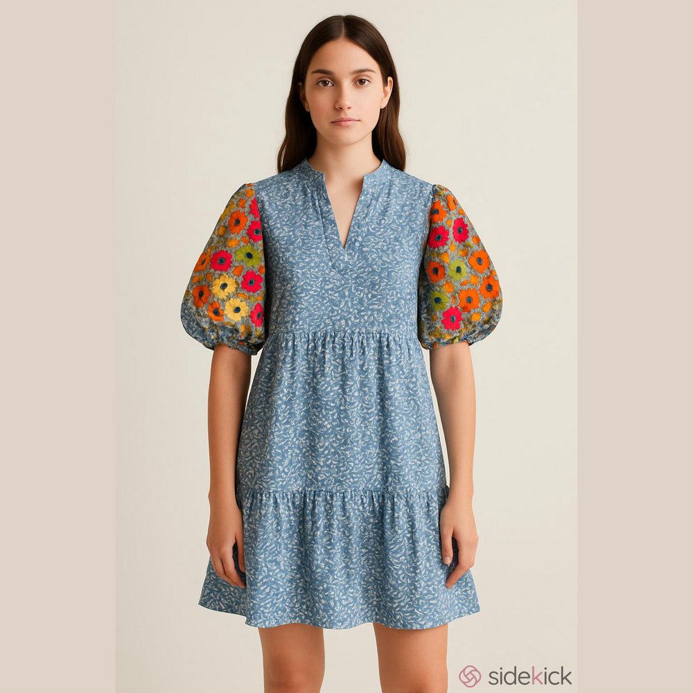 THML Blue Floral Print Ruffle Neck Dress Puff Sleeve baby doll lightweight WL
